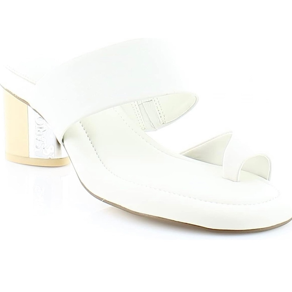 Franco Sarto Goldie Block Heel Slip On Sandal Brand New White Toe Size 5.5